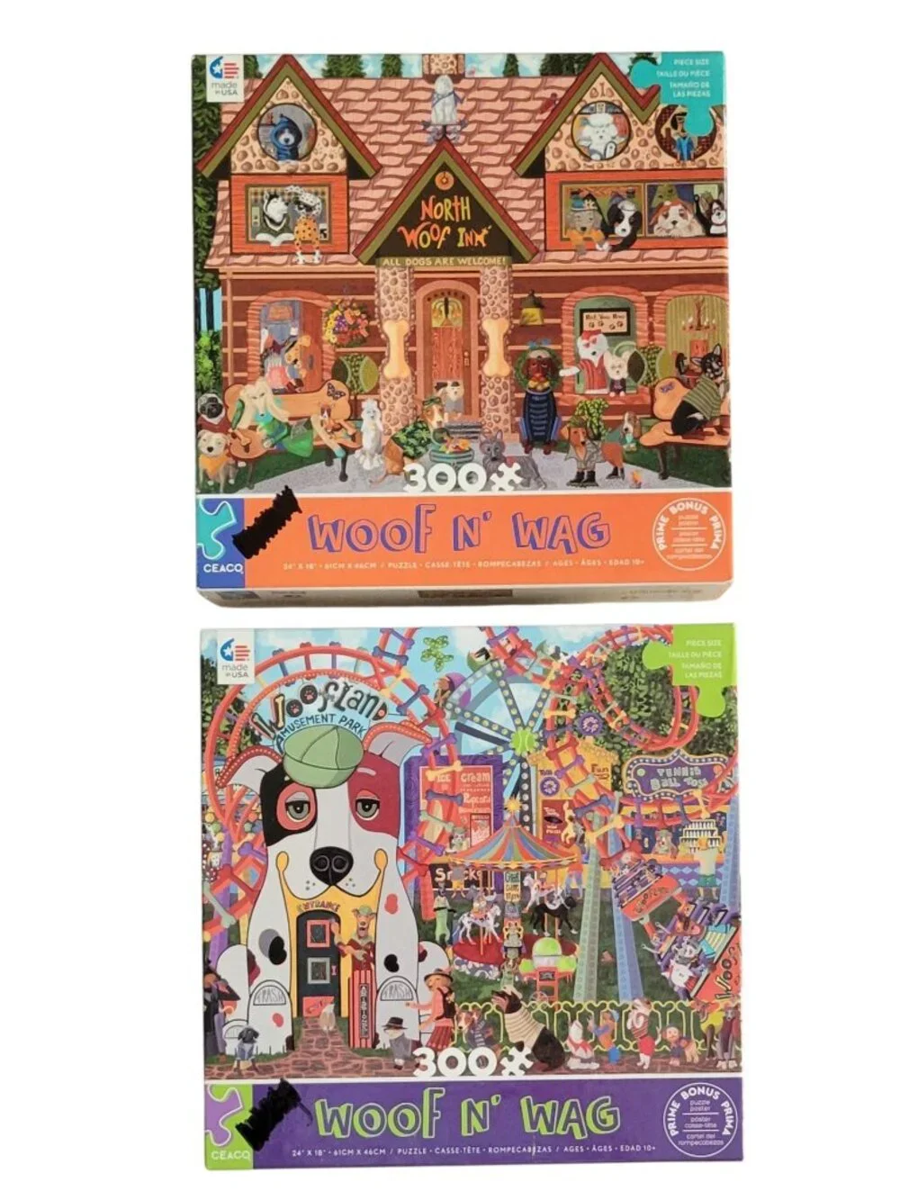 Ceaco Woof N' Wag 300 Pc Puzzle Lot of 2 Dogs Woofland Amusement North Woof Inn